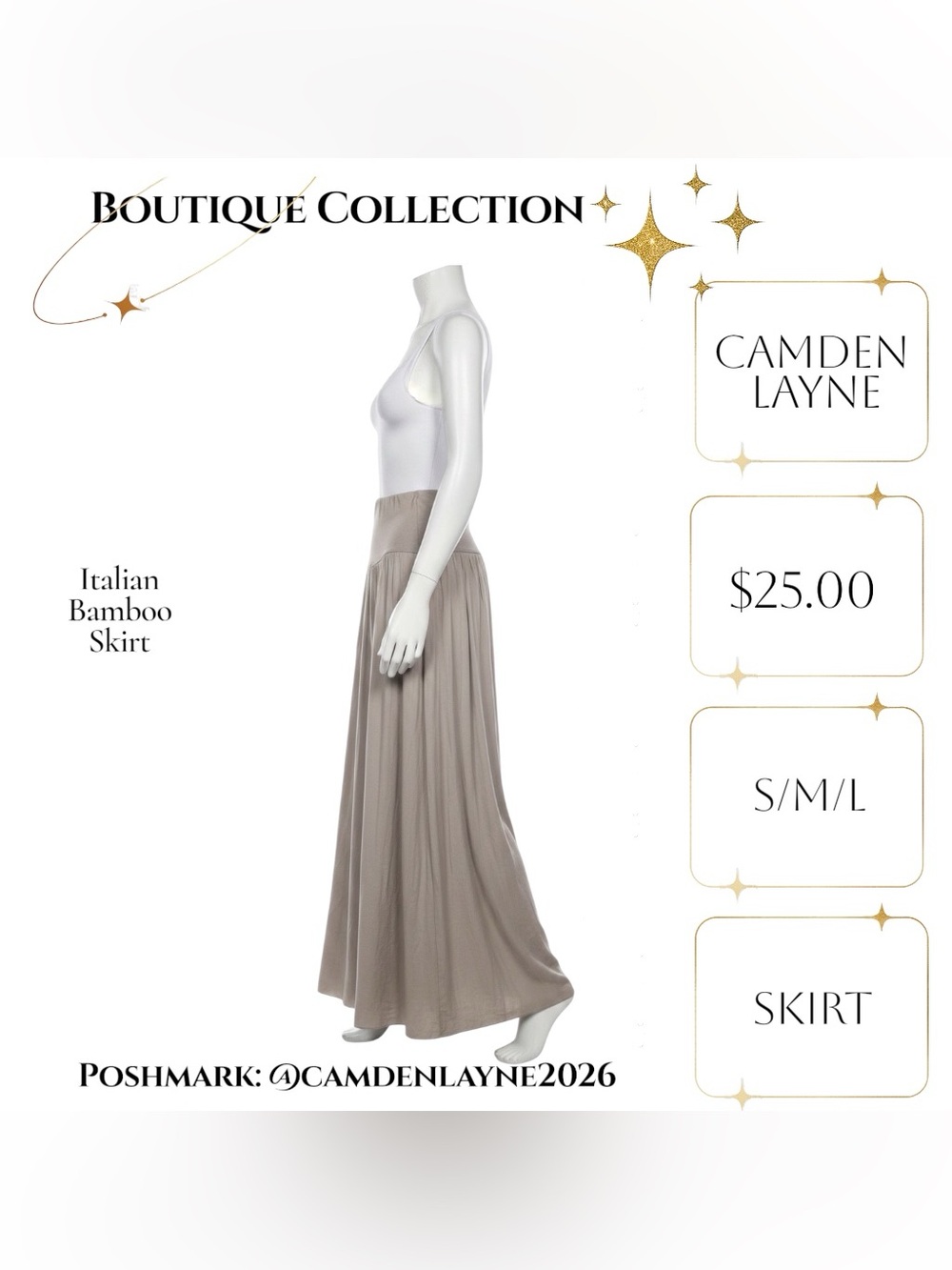Italian Bamboo Grey-Taupe Maxi Skirt with Wide Waistband - Picture 7 of 8